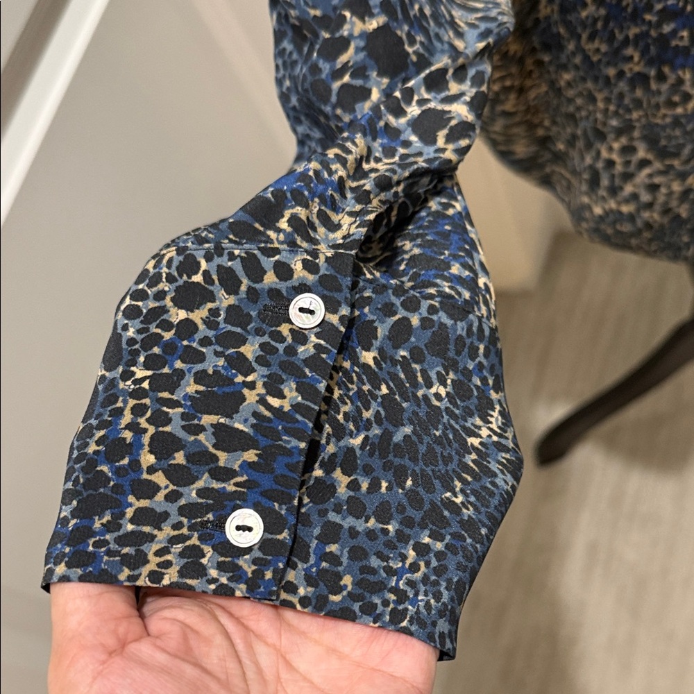 Kobi Halperin Navy and Tan Animal Print Button-Down Blouse - Picture 4 of 5
